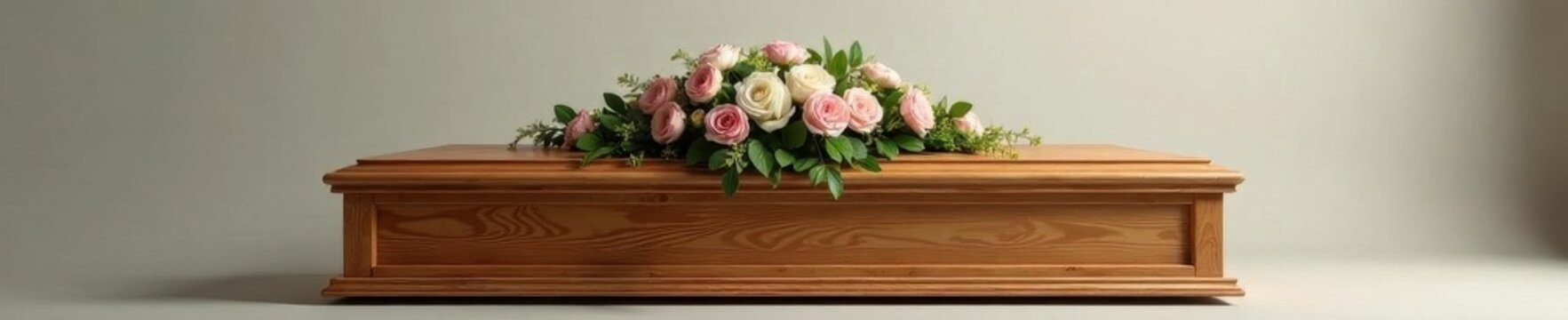 Simple wooden casket, modest floral spray, quiet setting, calm, repose, contemplation