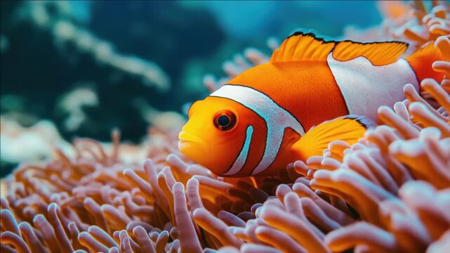 A colorful clownfish swimming among coral and anemone in a vibrant underwater marine environment.