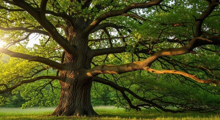 Majestic old oak tree with textured bark and sprawling branches, bathed in sunlight filtering through lush green leaves.