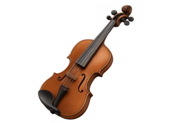 Wooden violin lying on transparent background with tuning pegs and chinrest