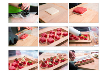 Sushi meat preparation collage . Organic meat sushi. Meat sushi recipe. Step by step preparation. Mixed tray of your choice.