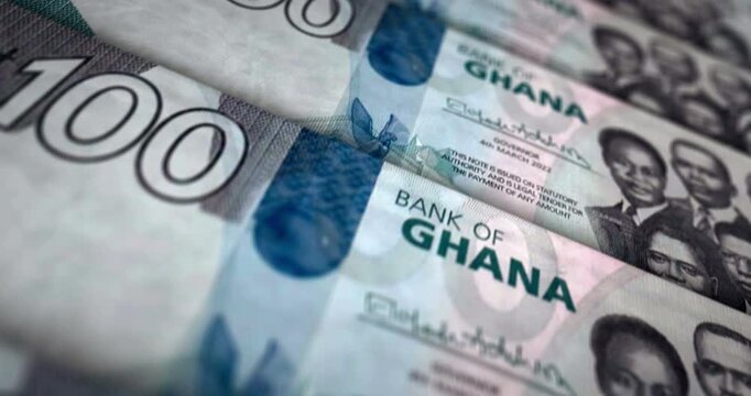 Ghana Cedi Ghanaian money banknote loop. 100 GHC money texture. Concept of economy, business, crisis, banking, recession, debt and finance. Moving over note loopable seamless 3d.