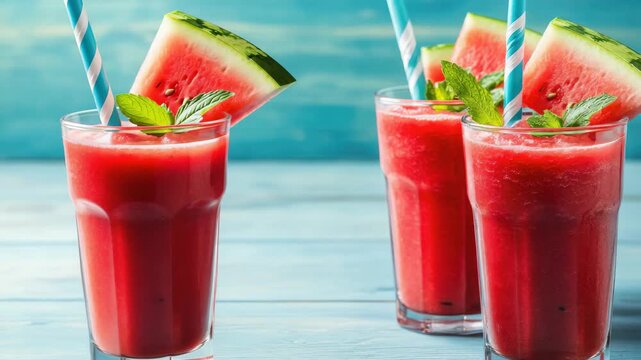 Close up of refreshing watermelon fruity drinks with blue straws and ice cubes. Perfect summer or vacation beverage.