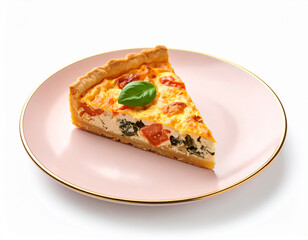 Delicious Quiche Slice on Pink Plate with Gold Rim, Basil Garnish.