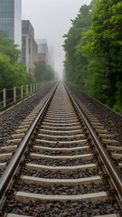 Fototapeta premium Elevated train tracks fade into golden-hour morning fog — a tranquil journey through mist and perspective, blending serenity with scenic beauty
