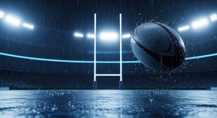A rugby ball in mid-air, raining down, over a stadium's goal post, under stadium lights.