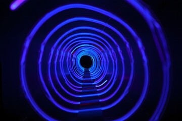 Fototapeta premium Blue Neon Spiral Tunnel with Steps light