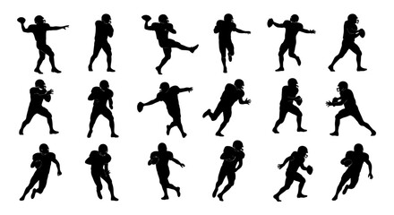 Collection of american football player silhouettes in various action poses, isolated on white background