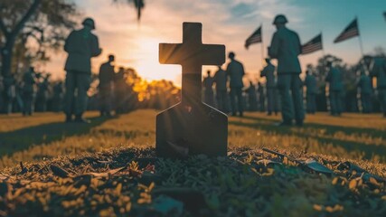 Soldiers at a sunset ceremony in front of a cross in a cemetery. - Powered by Adobe