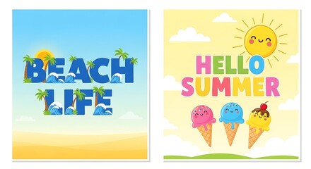 Fototapeta premium Cheerful Summer Holiday Themed Graphics with Beach and Ice Cream Motifs