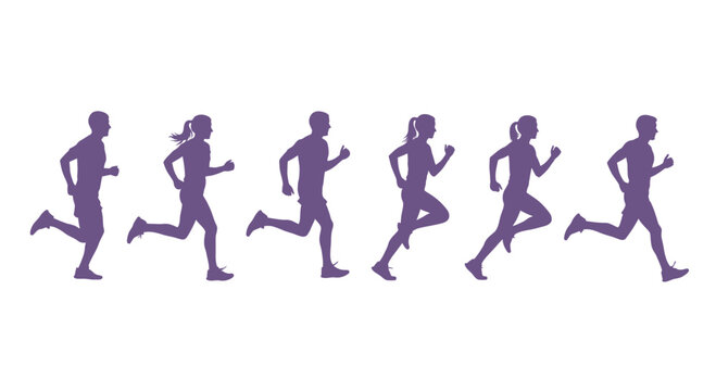 Diverse group of runners in silhouette, showcasing a colorful gradient transition - Powered by Adobe