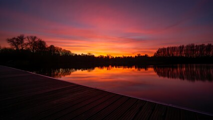 Fototapeta premium Vibrant Sunset Over Tranquil Lake and Forest Edge