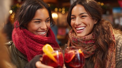 Two friends share laughter and festive drinks while wearing warm scarves at a market gathering