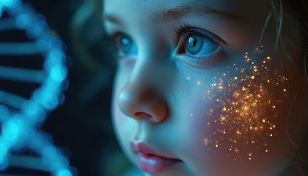Close-up of young girl face, blue eyes reflecting digital DNA patterns. Sparkling gold particles on cheek evoke wonder and curiosity. Science, genetics, futurism theme.