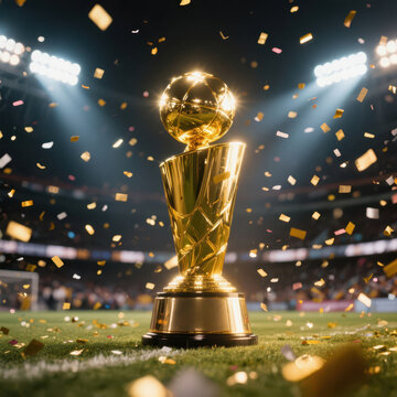 Golden trophy, NBA championship, surrounded by confetti in a stadium.