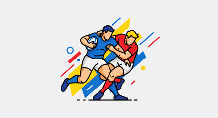 Fototapeta premium Two rugby players engaged in a dynamic tackle, highlighted by bold colors and simple line art.
