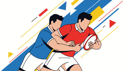 Two rugby players intensely grapple for possession of the ball during a dynamic match.