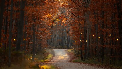 Magical Forest Path Illuminated by Golden Lanterns