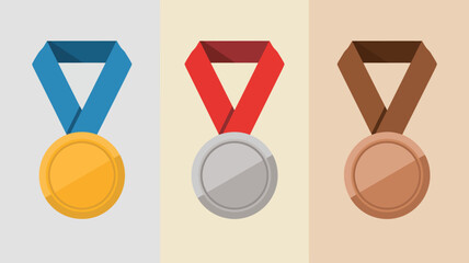 Three colorful medals representing first, second, and third place awards, hanging by ribbons.