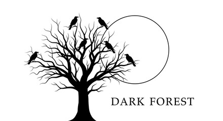 Obraz premium Raven silhouettes on a dead tree against a full moon.