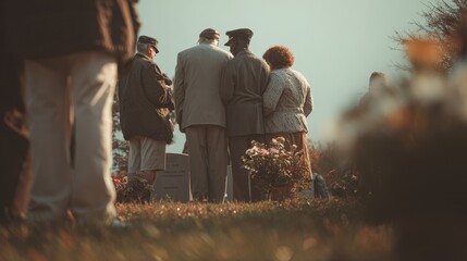 A group of four people stand together, paying respects at a grave in a quiet cemetery