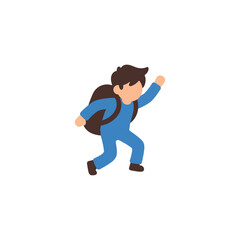 Backpack kid with heavy luggage running to school full of energy on a bright day suitable for educational materials and childhood adventure concepts.