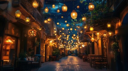 A narrow street at night, adorned with warm, inviting lanterns.