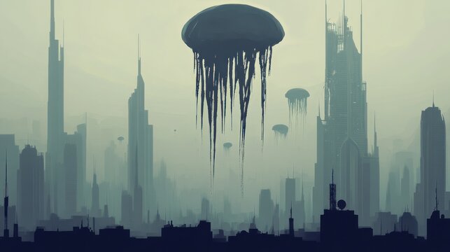 Dystopian urban landscape with alien jellyfish hovering above futuristic city