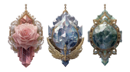 Elegant Crystals and Rose Pendants on Transparent Background
