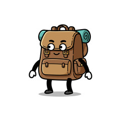 backpack character on an adventure walking happily with a sleeping bag perfect for travel blogs promoting outdoor fun and memorable getaways