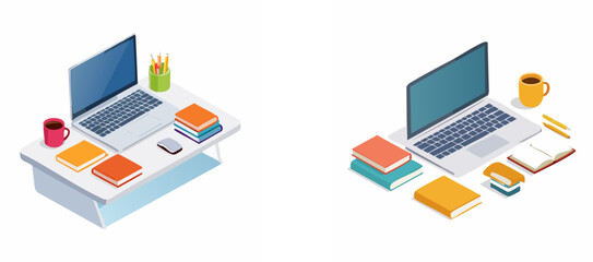 Isometric view of laptop, books, and stationery on a desk, representing technology and education.