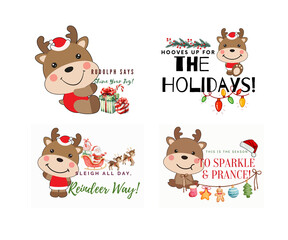 Obraz premium Cute Reindeer Christmas Clipart | Holiday Deer PNG Illustrations for Kids, Festive Winter Animal Digital Art