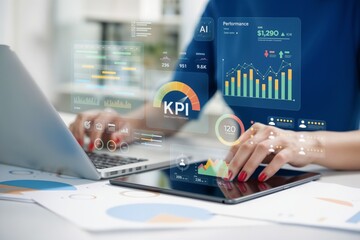 Close-up of woman analyzing digital KPI dashboard on laptop and tablet with charts, graphs, and performance indicators. Concept of data analytics, business intelligence, and performance measurement.