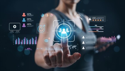Businesswoman using futuristic digital interface with data charts, analytics, and customer targeting icons. Concept of marketing strategy, data analysis, customer segmentation, and digital business.