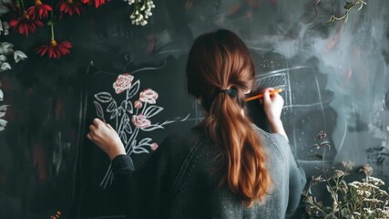 A woman creating a floral sketch on a black chalkboard. The artistic process in action with pencil and paper.