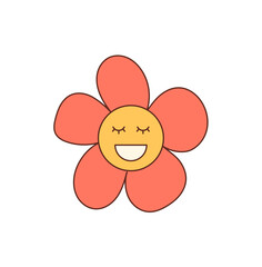Groovy y2k flower face cartoon sticker in vibrant yellow creates a happy smile. retro groovy element with cute pop style, positive mood and playful character, ideal as a graphic for fun sticker