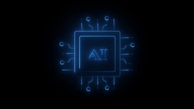 Circuit icon animation by blue color neon on black background.Power Ai. Glowing neon AI circuit board. Computer motherboard with a chip. Circuit icon concept.
