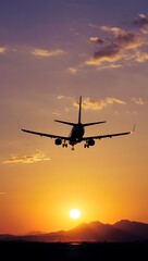 Airplane Landing During a Vibrant Sunset Over Mountains