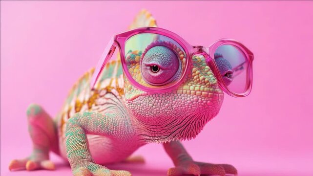 A colorful lizard wearing pink sunglasses, creating a humorous and adorable scene.