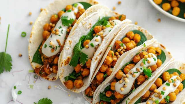 Colorful quinoa shells stuffed with spiced plant-based filling, garnished with fresh herbs and a dollop of creamy sauce. A nutritious, visually appealing vegan meal.