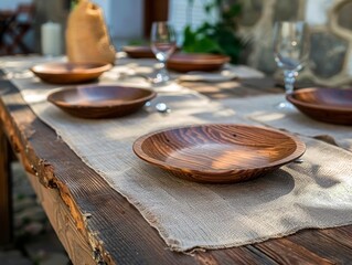 Rustic Wooden Table Setting with Natural Burlap Runner and Plates Outdoors