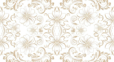 Elegant beige floral damask pattern, seamless background texture.