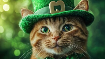 The cat has green striped fur and is wearing a hat with shamrocks.