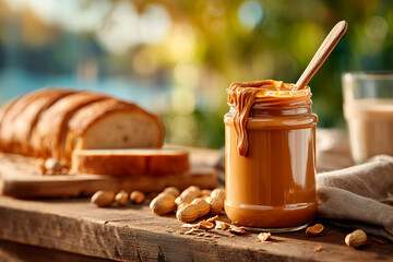 Creamy peanut butter dripping from spoon in jar with peanuts and bread