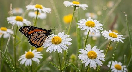 Beautiful wild flowers daisies and butterfly in morning cool haze in nature spring close-up macro. Delightful airy artistic image beauty summer nature.