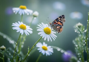 Fototapeta premium Beautiful wild flowers daisies and butterfly in morning cool haze in nature spring close-up macro. Delightful airy artistic image beauty summer nature.