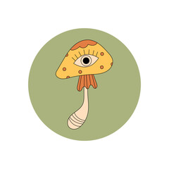 Groovy psychedelic mushroom sticker design with retro yellow color and magic eye as circle label. Shroom graphic and y2k style icon for package lid or box product.
