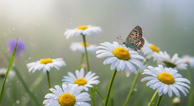 Beautiful wild flowers daisies and butterfly in morning cool haze in nature spring close-up macro. Delightful airy artistic image beauty summer nature. - Powered by Adobe
