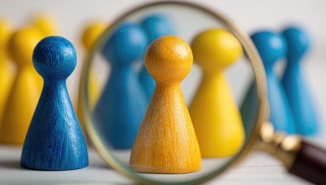 A magnifying glass focuses on a single yellow pawn amongst a group of blue pawns