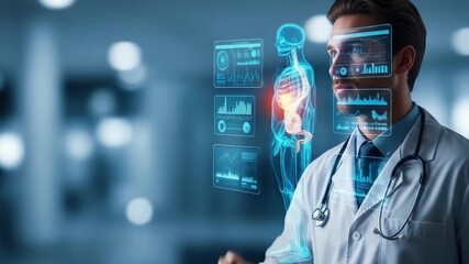 A healthcare professional interacts with a futuristic interface Advanced technology glows with bright light creating a sleek and modern medical scene - Powered by Adobe